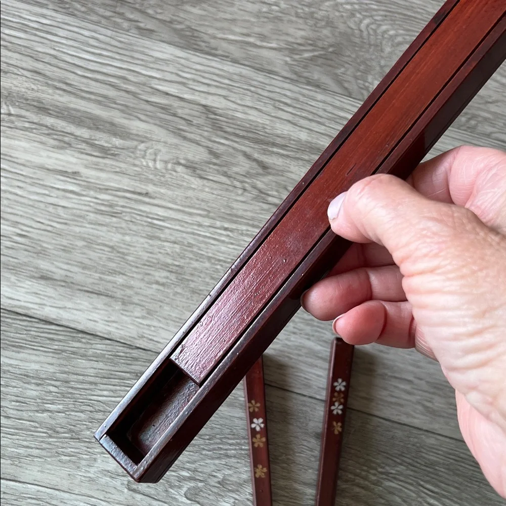 Vintage Japanese Wooden Chopsticks with matching case Floral decoration